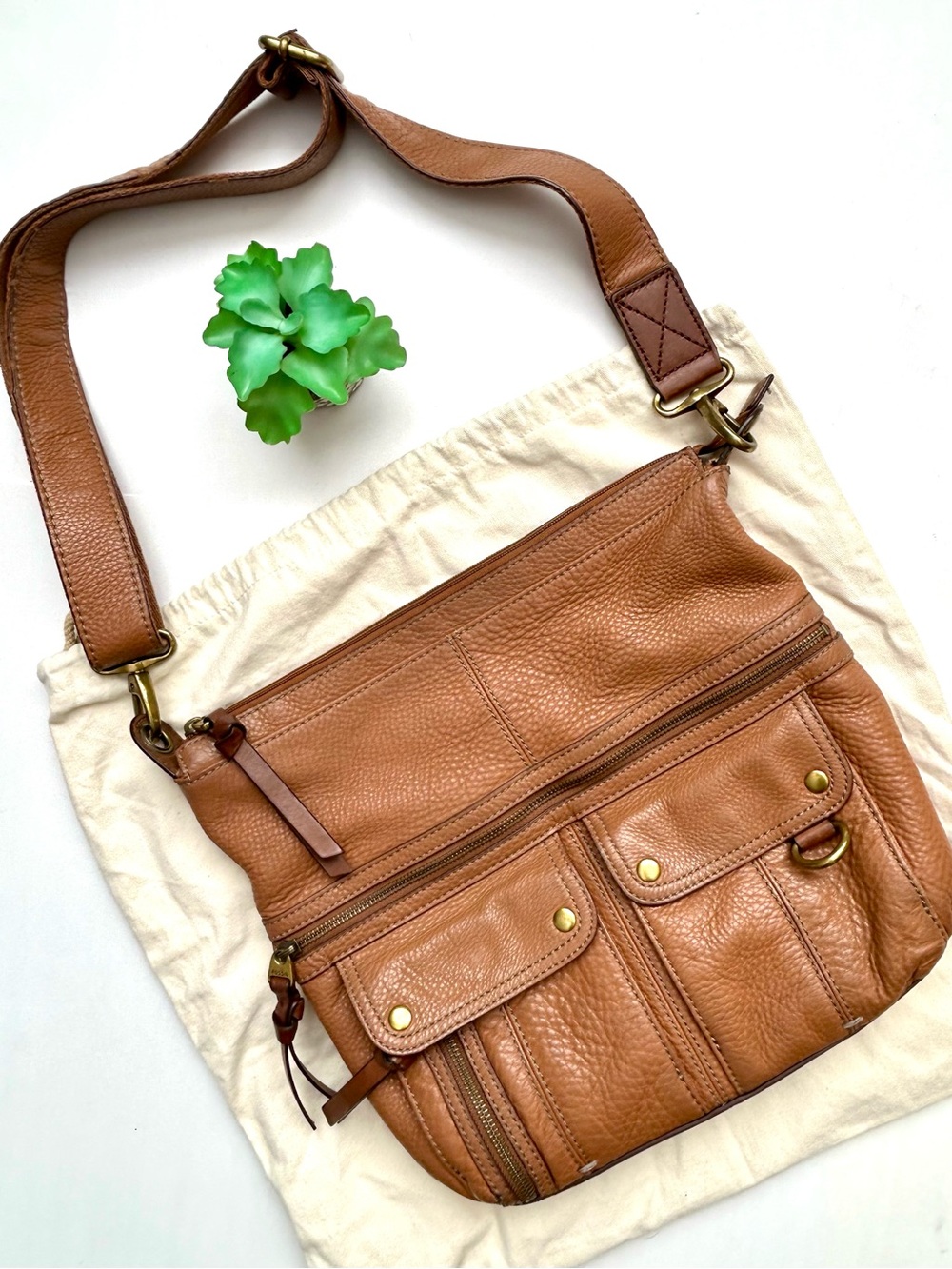 Vintage Fossil Brown Leather Morgan Large Top Zip Traveler Crossbody Bag